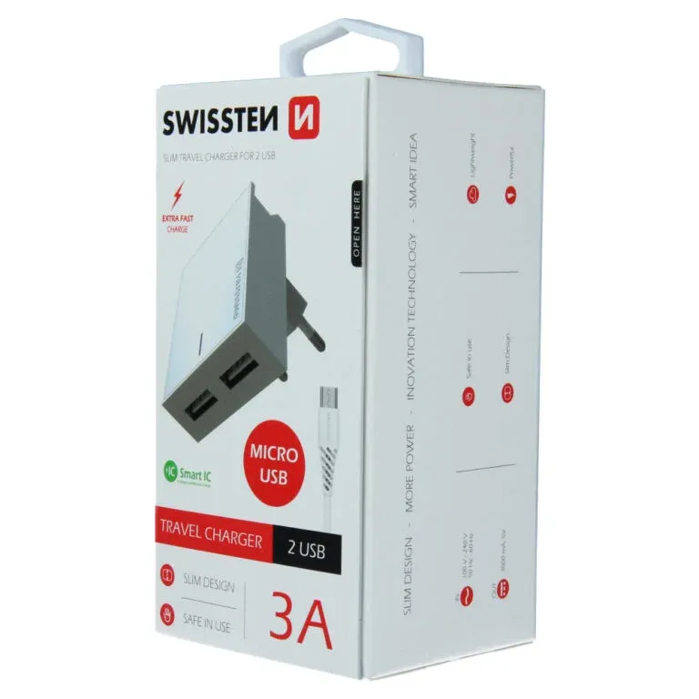 SWISSTEN TRAVEL CHARGER SMART IC, CE WITH 2x USB 3 A POWER WHITE + DATA CABLE SWISSTEN USB / MICRO USB 1,2 M WHITE