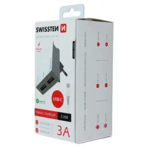 SWISSTEN TRAVEL CHARGER SMART IC, CE WITH 2x USB 3 A POWER WHITE + DATA CABLE SWISSTEN USB / TYPE C 1,2 M WHITE