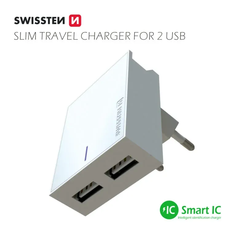 SWISSTEN TRAVEL CHARGER SMART IC, CE WITH 2x USB 3A POWER WHITE