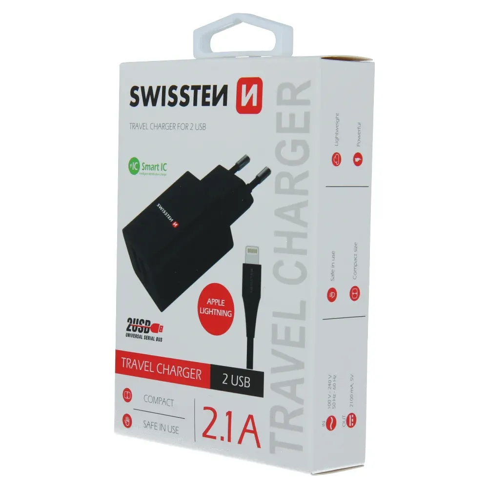 SWISSTEN TRAVEL CHARGER SMART IC WITH 2x USB 2,1A POWER + DATA CABLE USB / LIGHTNING 1,2 M BLACK