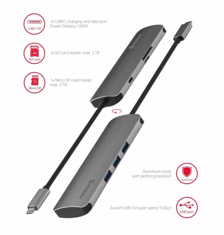 SWISSTEN USB-C HUB 6-IN-1 (USB-C PD, 3x USB 3.0, SD, MICRO SD) ALUMINIUM