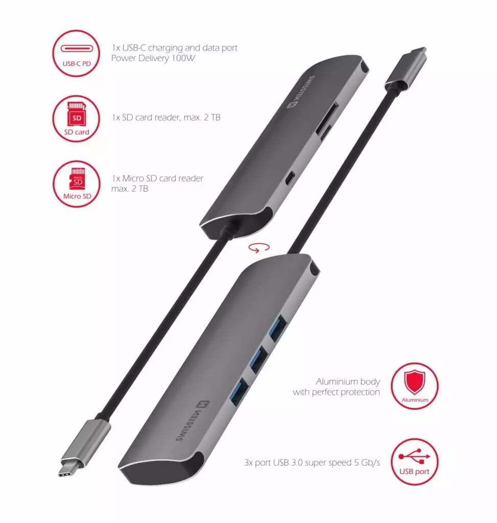 SWISSTEN USB-C HUB 6-IN-1 (USB-C PD, 3x USB 3.0, SD, MICRO SD) ALUMINIUM