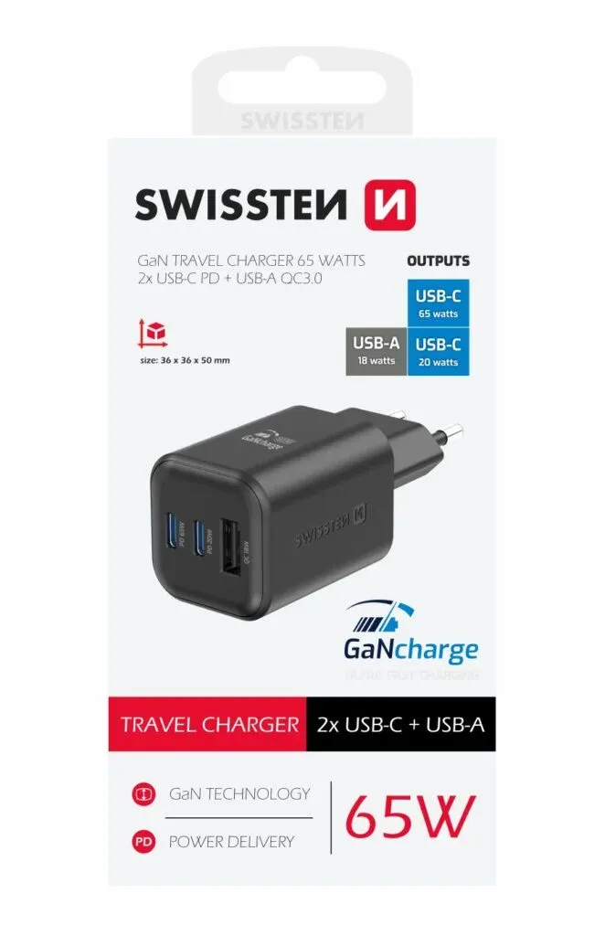 SWISSTEN CHARGER GaN 2x USB-C 65W PD + 1x USB-A 18W QC
