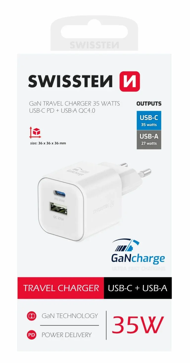 SWISSTEN CHARGER GaN 1x USB-C 20W PD AND 1x USB-A 18W QC