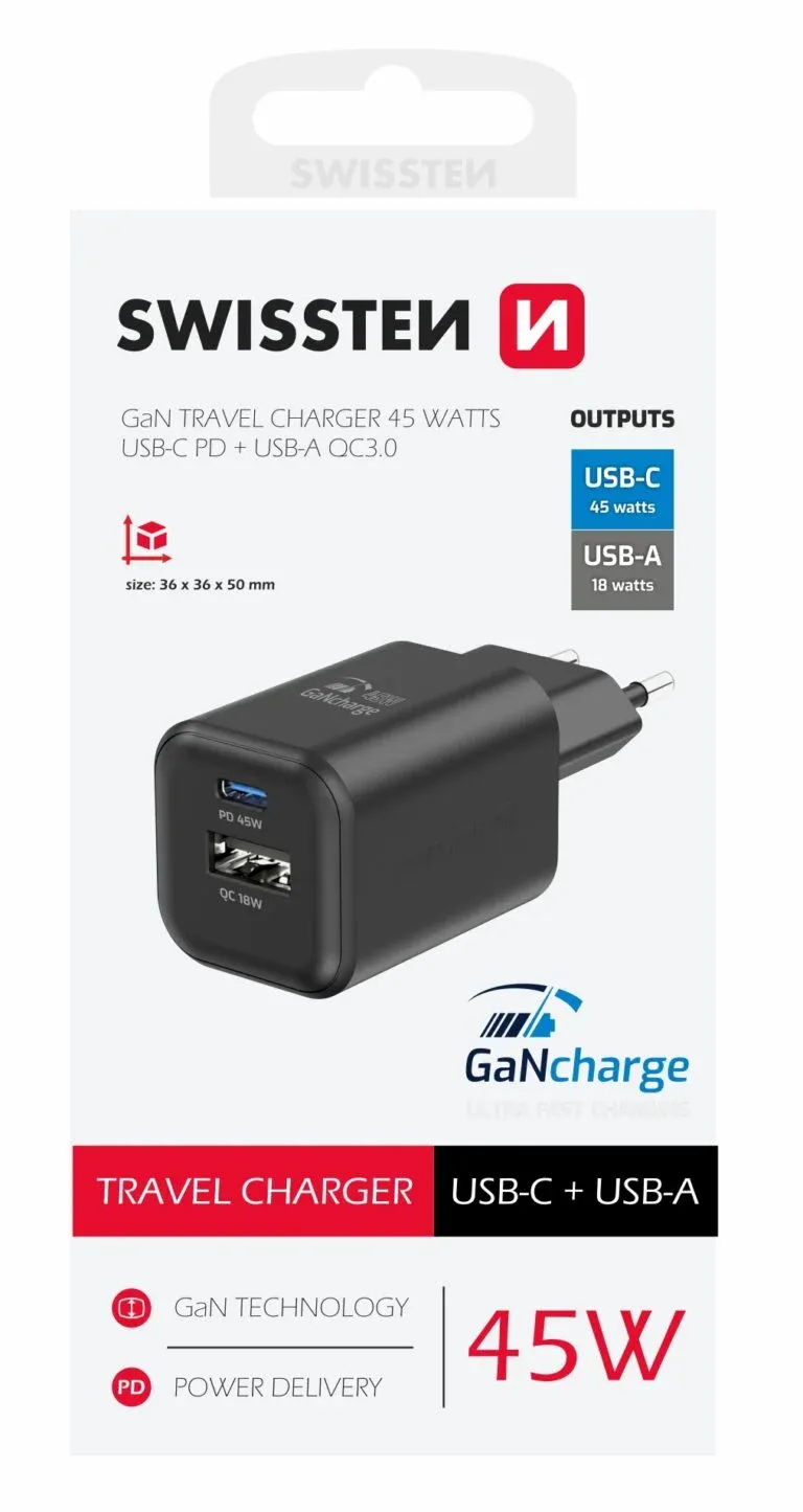SWISSTEN CHARGER GaN 1x USB-C 45W PD + 1x USB-A 18W QC