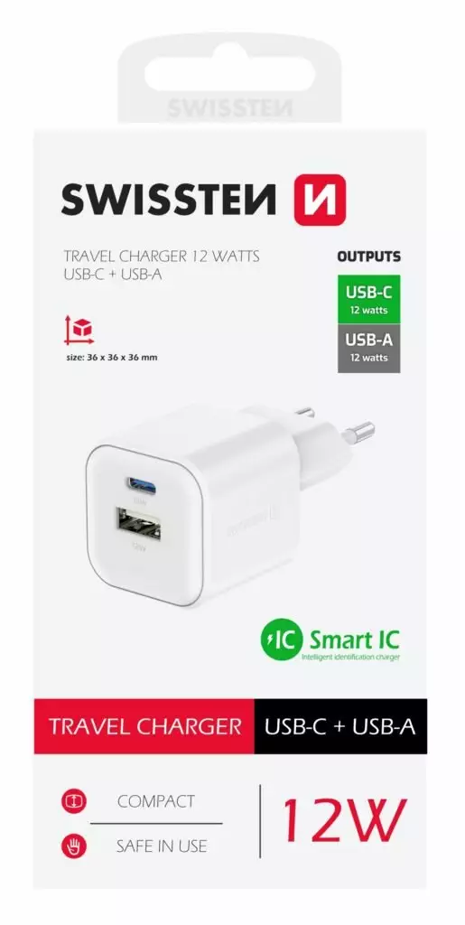 SWISSTEN CHARGER 12W 1x USB-C + 1x USB-A WHITE