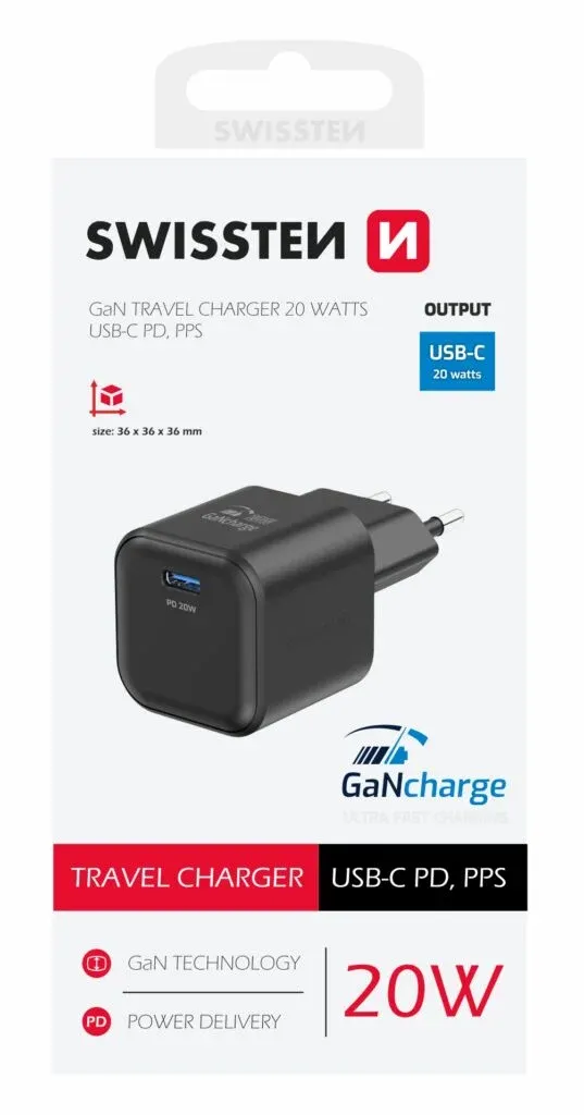 SWISSTEN CHARGER GaN 1x USB-C 20W POWER DELIVERY BLACK