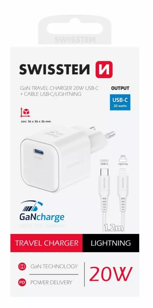 SWISSTEN CHARGER GaN 1x USB-C 20W POWER DELIVERY WHITE + DATA CABLE USB-C/LIGHTNING 1,2M WHITE