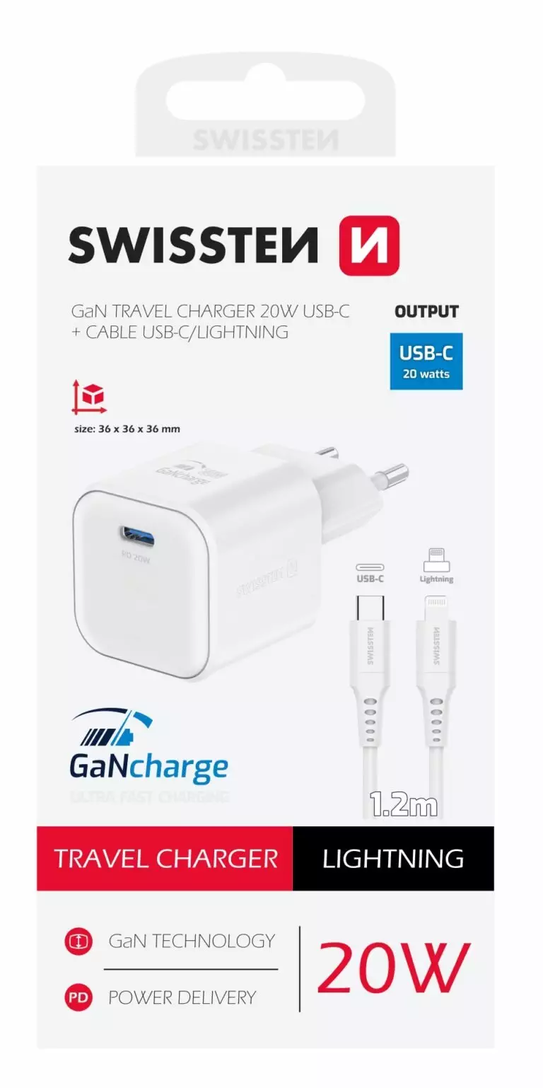 SWISSTEN CHARGER GaN 1x USB-C 20W POWER DELIVERY WHITE + DATA CABLE USB-C/LIGHTNING 1,2M WHITE