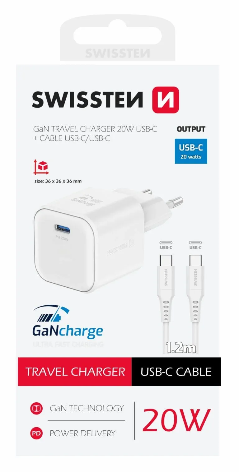 SWISSTEN CHARGER GaN 1x USB-C 20W POWER DELIVERY WHITE + DATA CABLE USB-C/USB-C 1,2 M WHITE