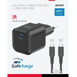 SWISSTEN CHARGER GaN 1x USB-C 20W POWER DELIVERY BLACK + DATA CABLE USB-C/USB-C 1,2 M BLACK