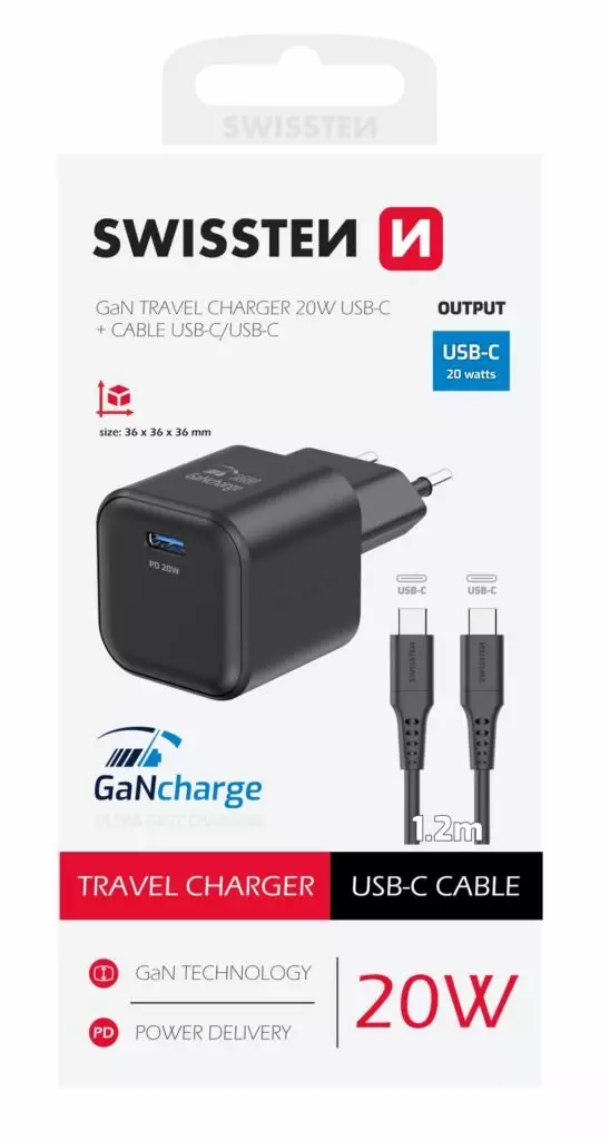 SWISSTEN CHARGER GaN 1x USB-C 20W POWER DELIVERY BLACK + DATA CABLE USB-C/USB-C 1,2 M BLACK
