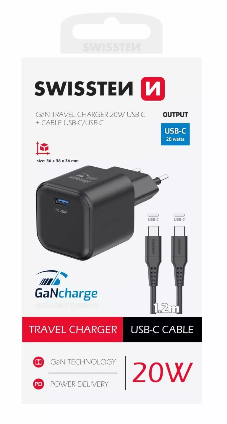SWISSTEN CHARGER GaN 1x USB-C 20W POWER DELIVERY BLACK + DATA CABLE USB-C/USB-C 1,2 M BLACK