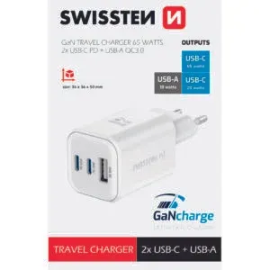 SWISSTEN CHARGER GaN 2x USB-C 65W PD + 1x USB-A 18W QC