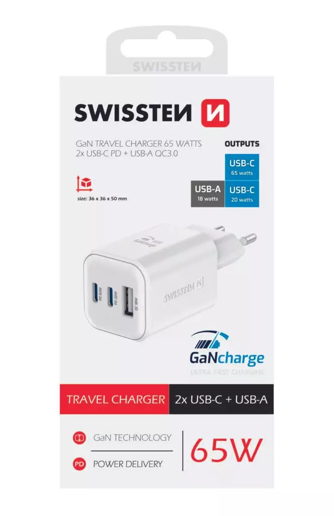 SWISSTEN CHARGER GaN 2x USB-C 65W PD + 1x USB-A 18W QC