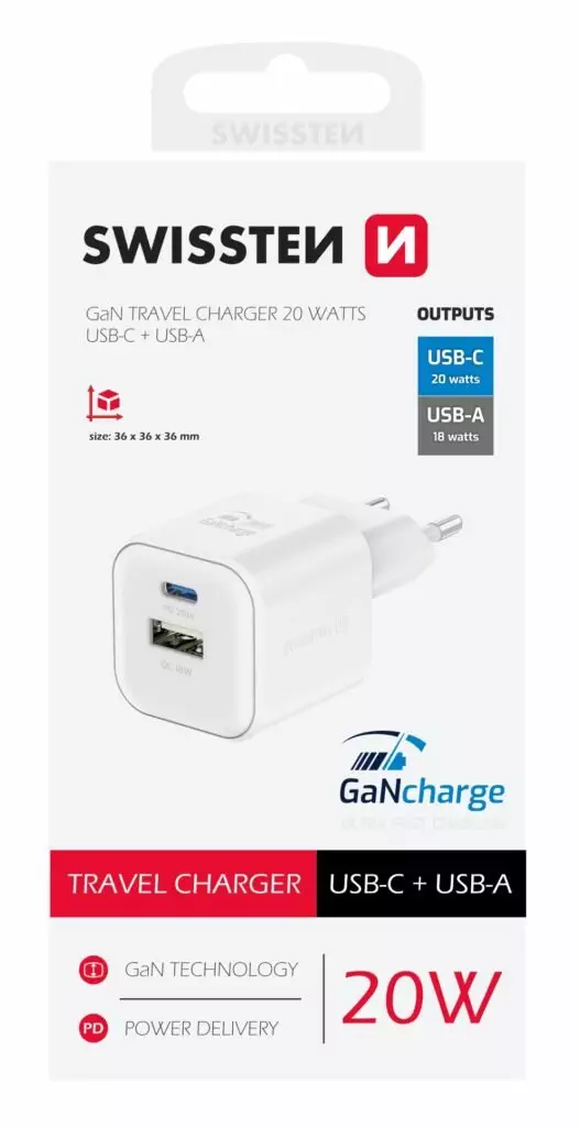 SWISSTEN CHARGER GaN 1x USB-C 20W PD AND 1x USB-A 18W QC